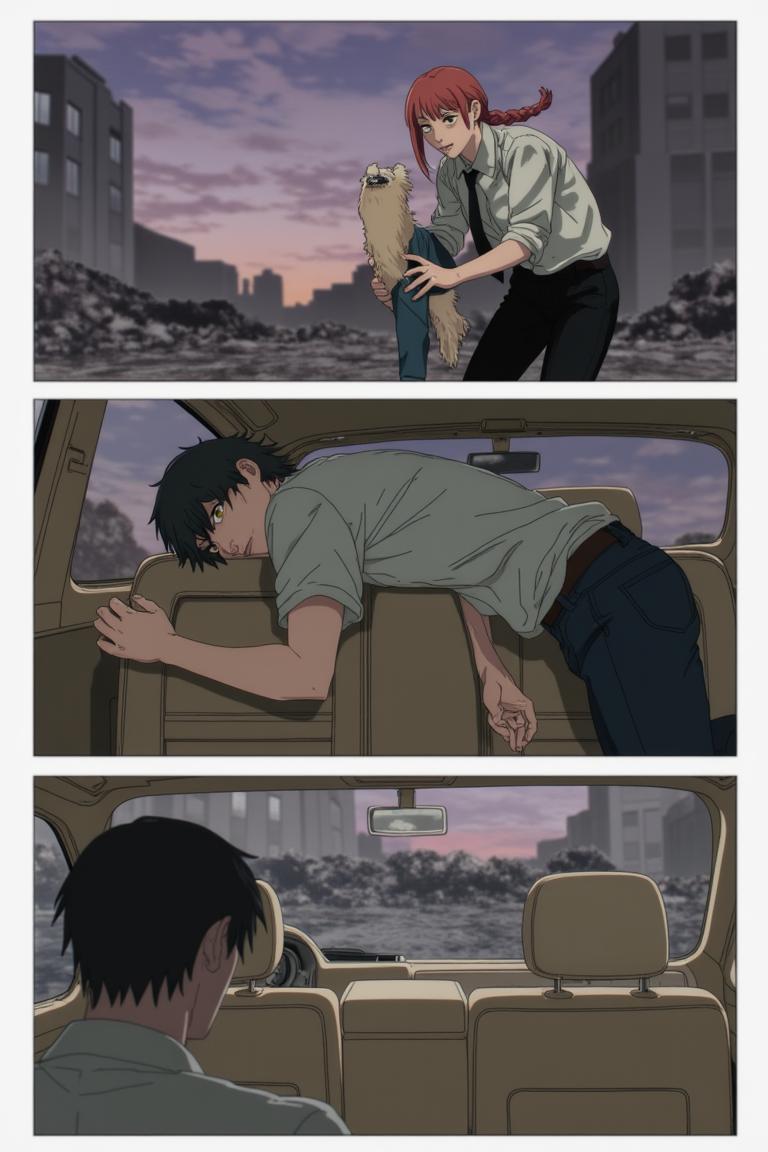 第4章:Red Maw, Green Remedy
Shisan is slammed and trapped by the flexible, brutal arms of the Zombie Demon as his regenerative Viridian Devil struggles to keep him whole. The Claw Devil and the Gluttony (Famine) Devil intervene in a savage ballet of tearing flesh and roaring hunger, turning the fight into an all-consuming purge. Exhausted and half-destroyed, Shisan collapses unconscious — only to be cradled and prodded awake by a calm woman with a braid who calls herself Makima. - 图片18