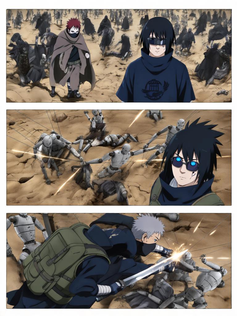 第4章:戈壁剧场：赤砂之蝎的邀约
日向镜与三井中一来到空旷接头点，远处一名裹斗篷的陌生人旁躺着几具砂忍尸体。陌生人揭下面罩，自称赤砂之蝎，现场氛围骤然恶化，沙堆中隐藏的傀儡悄然蠢动。战斗一触即发，日向镜凭借转生眼与轮转如意暂时应对，但埋伏远比想象更深，剧情以巨响与危机为结尾。 - 图片13