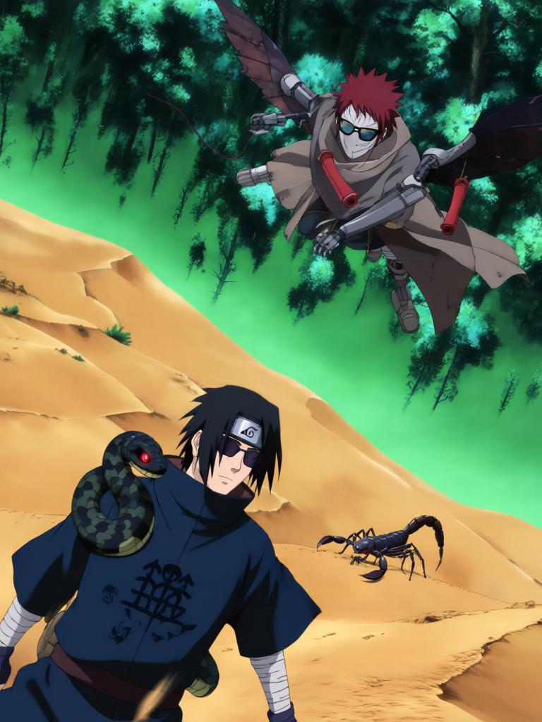 第7章:毁尸与戏码
日向镜在空中果断投掷起爆苦无，将三井中一的尸体炸得七零八落，以断绝赤砂之蝎借尸索索身份线索。回到哨所前，他将三代风影人傀儡伪装成追杀者演出受伤逃回的戏码，引出哨所内人的疑虑与恐惧。尽管暂时掩人耳目，日向镜与哨所同伴意识到更深层的威胁，怀疑有人来自根部，追击与内部裂痕的阴影尚未散去。 - 图片5