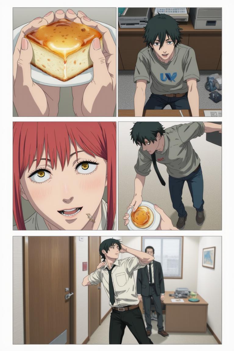 第6章:Collapse and Oden: Shisan and Aki
Inside a crumbling building the Muscle Devil smashes pillars and goads Shisan out of hiding. Aki fights wildly, Shisan's Gluttony-bound claws strike and become trapped as the Muscle Devil reveals the true snare — only to be decapitated by Aki's blade. After the rubble, awkward camaraderie and Makima's quiet orders send Shisan to room with Aki, and the chapter closes on a messy, warm meal at an oden stall. - 图片14