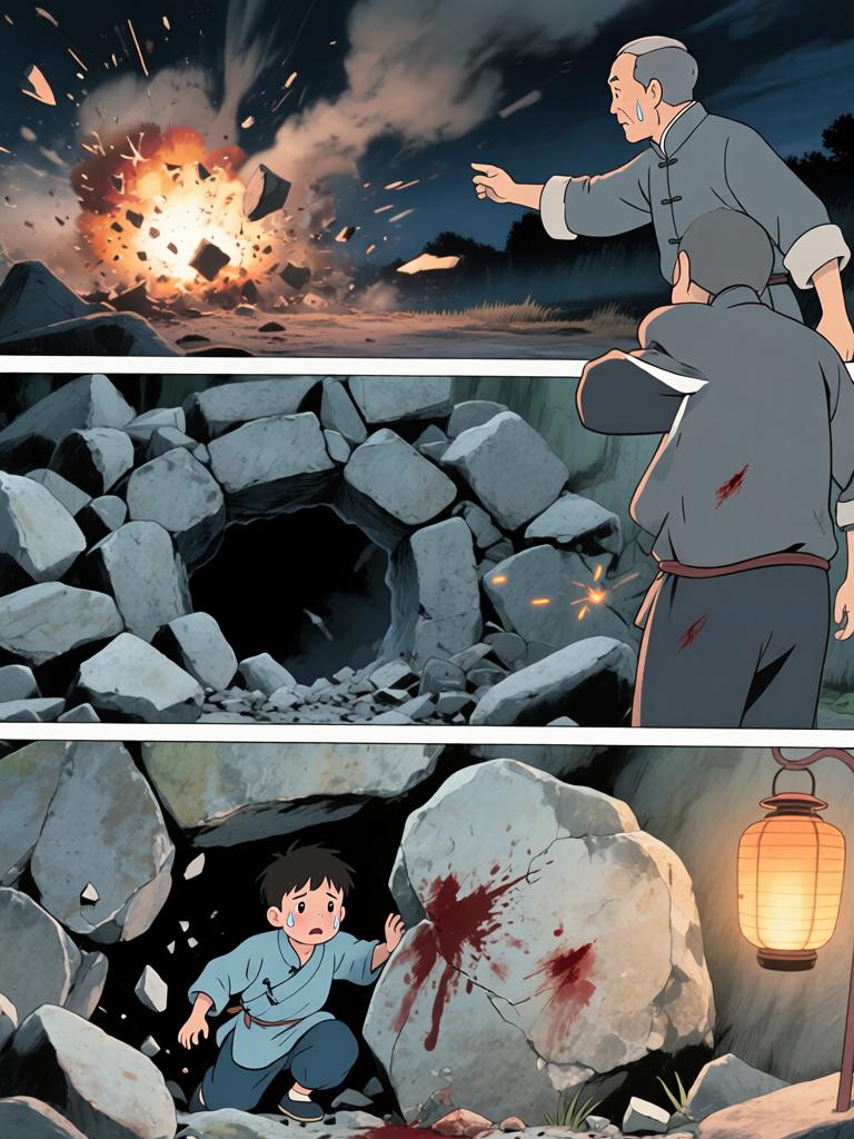 第4章:灯笼下的命心子
夜色中，陈如飞布下爆破，引出洞中的怪物；野子被炸入洞内，举灯挡住来袭生物并被迫深入寻找那生物胸中的命心子。陈如飞为保护野子与怪物搏斗，最终被拖入黑洞，野子带着命心子逃出，决心将来复仇。 - 图片4