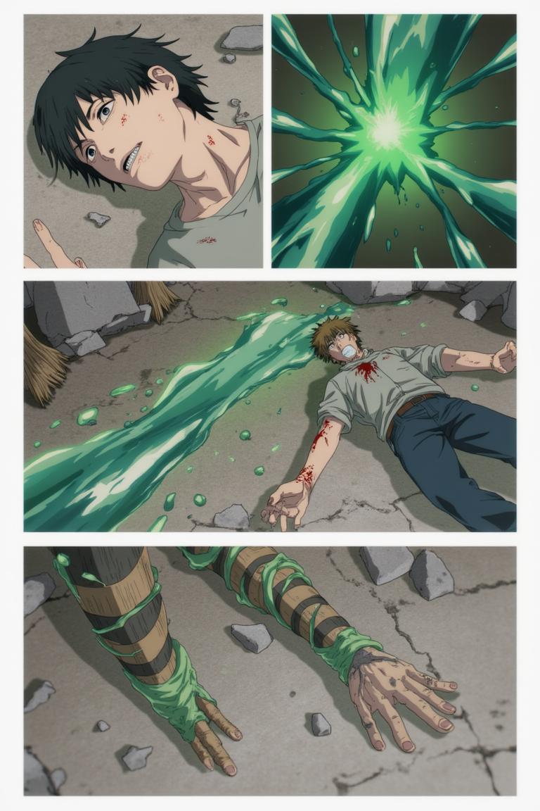 第4章:Red Maw, Green Remedy
Shisan is slammed and trapped by the flexible, brutal arms of the Zombie Demon as his regenerative Viridian Devil struggles to keep him whole. The Claw Devil and the Gluttony (Famine) Devil intervene in a savage ballet of tearing flesh and roaring hunger, turning the fight into an all-consuming purge. Exhausted and half-destroyed, Shisan collapses unconscious — only to be cradled and prodded awake by a calm woman with a braid who calls herself Makima. - 图片2