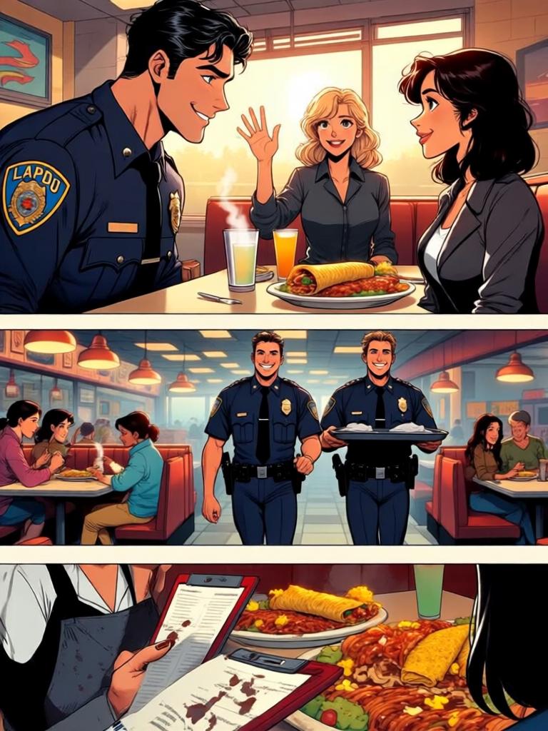 第7章:午餐时光：Code 7 的笑声与警徽
洛克与搭档大卫在墨西哥快餐店用午餐，和同事们拼桌。大家围绕上午的无线电乌龙笑成一团，莫娜警司严肃提醒“乌鸦嘴”的危险。气氛在训斥与打趣之间反复，直到兰迪二人登场用老梗彻底点燃笑声。 - 图片2