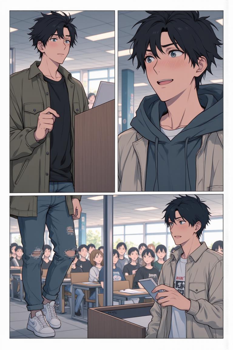 第4章:Dormroom Banter and the Unreachable Senior
After lunch, Shen Qiao politely turns down a flustered girl's flirtation, prompting playful envy from his new roommates. Over photos and teasing, the guys learn about two campus beauties — top-ranked Qin Yuwen and the legendary, aloof senior Su Baizhou — which stirs something thoughtful in Luo Ye. That evening in class, the freshman group receives military-training instructions and is unexpectedly pushed into volunteering for a temporary class monitor, leaving Luo Ye stunned. - 图片15