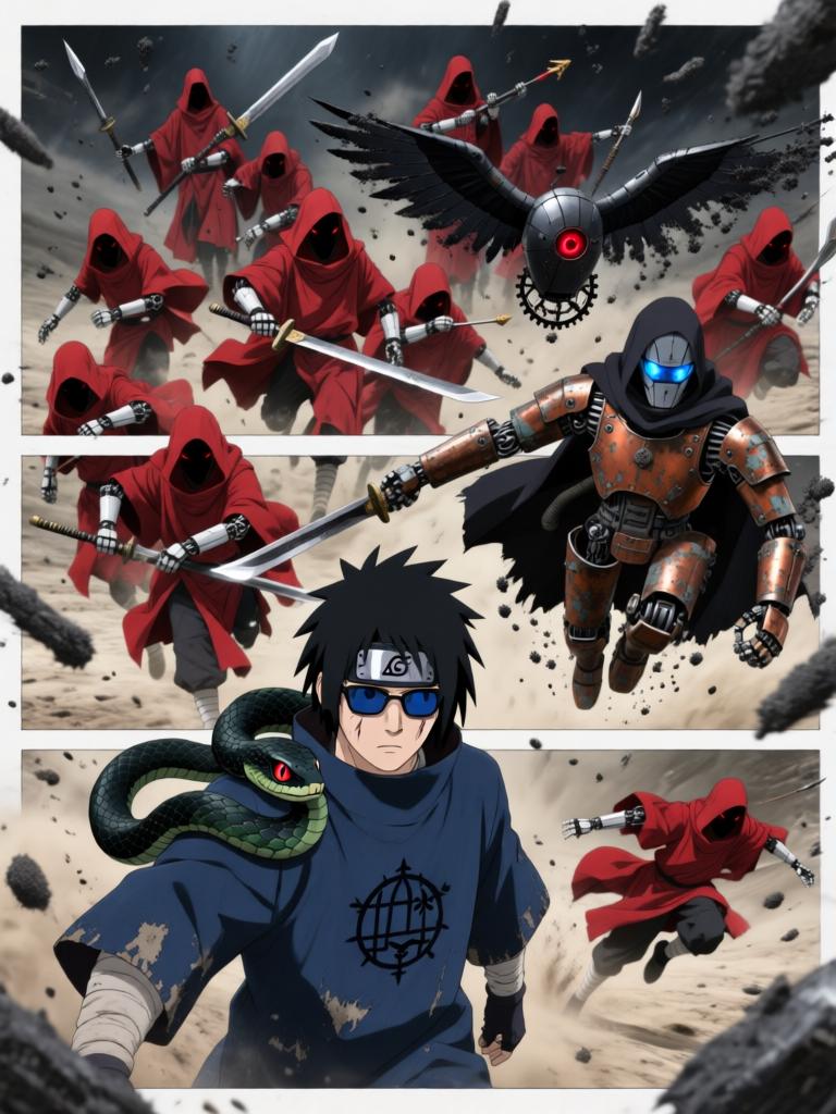 第6章:铁砂之下的抉择
日向镜在战场中被迫激活三代风影人傀儡以自保，赤砂之蝎召出十具红袍傀儡发动毒刃远程攻势。铁砂护盾连番承受骨质千本的撞击，形势愈发危急，日向镜不得不冒着生命危险注入转生眼查克拉唤醒傀儡的自主性以求突围。结尾以疲惫却决绝的日向镜与傀儡守护被毒侵蚀的秘密，留下未解的追击威胁与新的谜团。 - 图片9