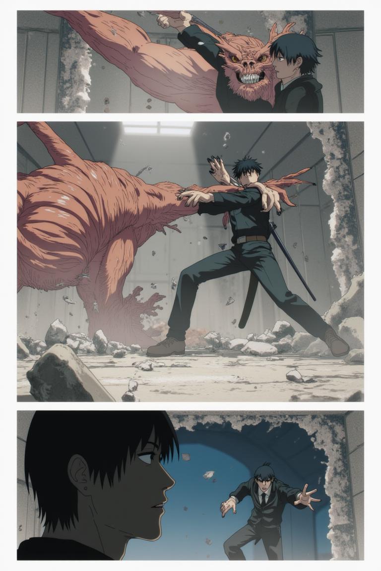 第6章:Collapse and Oden: Shisan and Aki
Inside a crumbling building the Muscle Devil smashes pillars and goads Shisan out of hiding. Aki fights wildly, Shisan's Gluttony-bound claws strike and become trapped as the Muscle Devil reveals the true snare — only to be decapitated by Aki's blade. After the rubble, awkward camaraderie and Makima's quiet orders send Shisan to room with Aki, and the chapter closes on a messy, warm meal at an oden stall. - 图片4