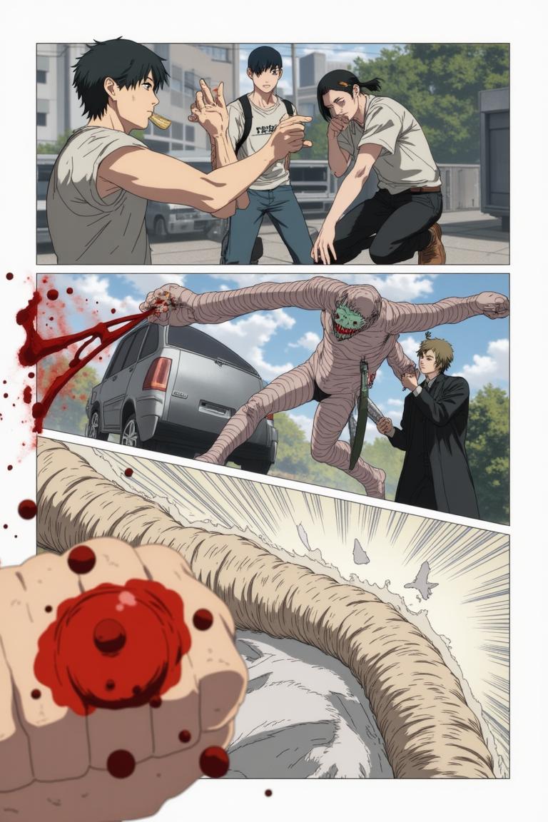 第5章:A New Assignment — Muscle Devil on Kujawano Street
Shisan, still dazed by Makima's unexpected gentleness, accepts bread and a place under her command before being fitted into a Public Safety uniform. He's assigned to Special Action 4 under Hayakawa Aki and leaps onto Aki's motorcycle to a demon assault on Kujawano Street. There, they encounter a towering Muscle Devil — a brutal chase and clash begin that forces Shisan and Aki to retreat into a ruined building as the devil pursues them. - 图片9